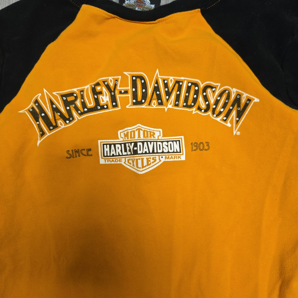 Harley-Davidson Women’s XL Long Sleeve Orange Black Rhinestone Logo Tee La Cross